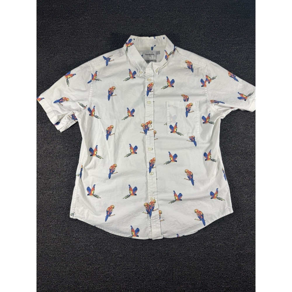 Goodfellow Slim‎ Fit Button Down Hawaiian Parrot Casual Hawaiian Shirt- Men's LG
